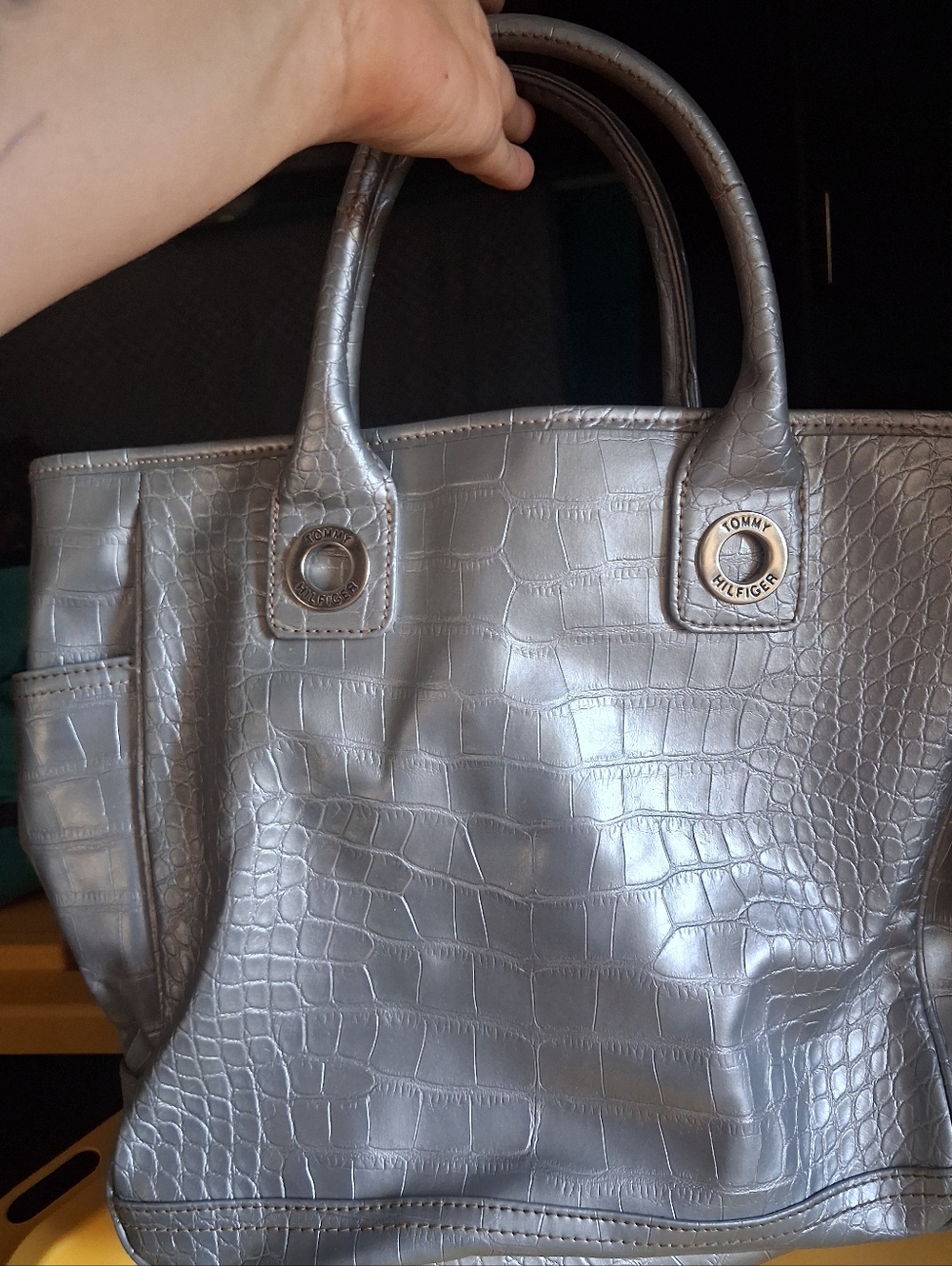 Silver Croc-Embossed Tote with Black Interior